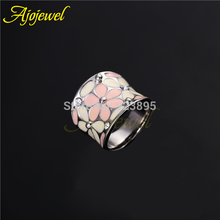 Size 6 9 Beautiful 18K White Gold Plated White Black Pink Enamel Women Rings Flower With