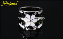 Size 6 9 Beautiful 18K White Gold Plated White Black Pink Enamel Women Rings Flower With