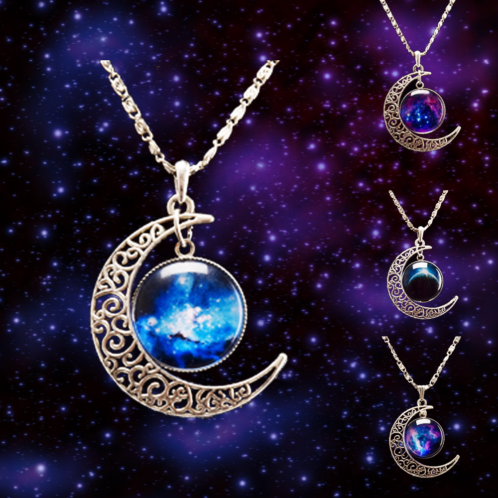 Fashion Jewelry Choker Necklace Glass Galaxy Pendant Silver Chain Moon Necklace Pendant 2014 AliExpress Sale drop