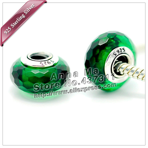 2pcs S925 sterling silver Green Fascinating Faceted Murano Glass Beads Fit European pandora Charm Bracelets necklaces